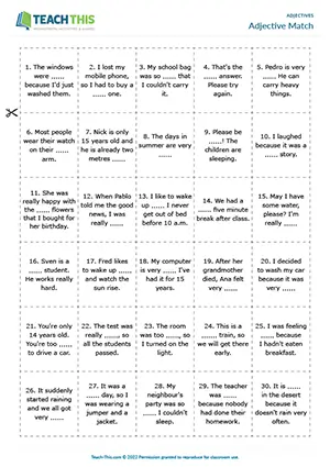 ESL elementary adjectives matching game preview with gap-fill exercises, pelmanism activities, and pair work for A1-A2 level students