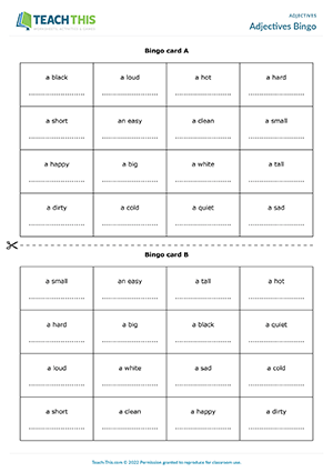 adjectives activities esl Adjectives Bingo Preview