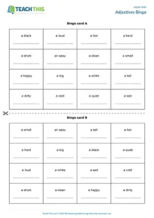 ESL elementary adjectives bingo game preview with matching exercises and group work activities for A1-A2 level students