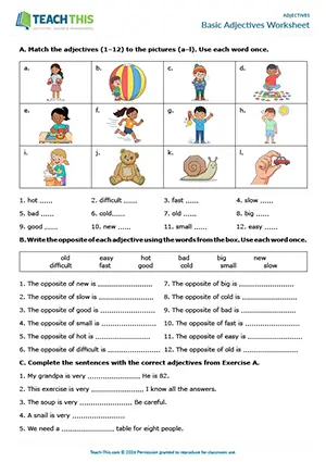 ESL beginner adjectives worksheet preview showing vocabulary exercises, matching, gap-fill, controlled practice for A1 level students
