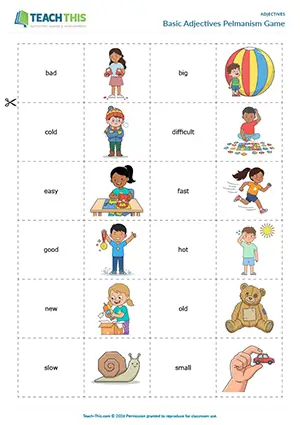 ESL beginner adjectives games preview showing vocabulary exercises, matching, pelmanism, forming sentences, freer practice, pair work for A1 level students
