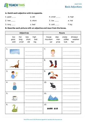 ESL Basic Adjectives Worksheet preview, Elementary A1-A2, matching, categorizing, gap-fill, unscrambling