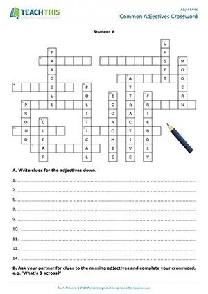 ESL Adjectives Activity preview, Intermediate B1, writing definitions, describing, guessing, group and pair work