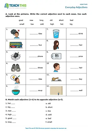 ESL Everyday Adjectives Worksheet preview, Elementary A1-A2, matching, gap-fill, unscrambling, guessing game