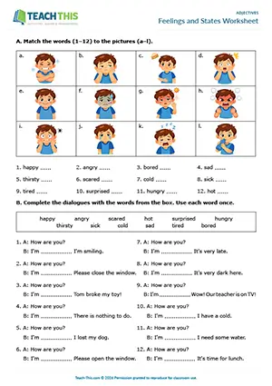 ESL beginner adjectives flashcards and worksheet preview showing eliciting, drilling, sentence frames, substitution drills, matching, gap-fill, controlled practice for A1 level students