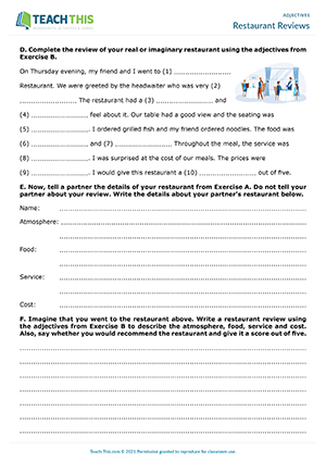 adjectives activities esl Restaurant Reviews Preview