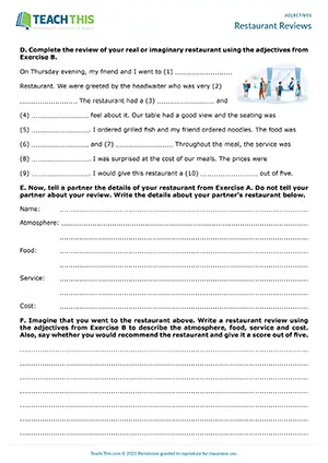 ESL Adjectives Worksheet preview, Upper-intermediate B2, writing notes, categorising, gap-fill, paragraph writing, information exchange