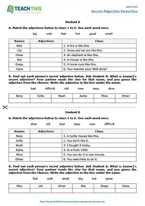 ESL beginner adjectives game preview showing vocabulary and speaking, matching, asking and answering questions, guessing, controlled practice, pair work for A1 level students