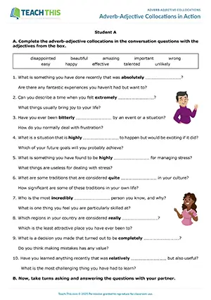 ESL adverb-adjective collocations speaking activity for upper-intermediate B2, gap-fill, conversation, group and pair work