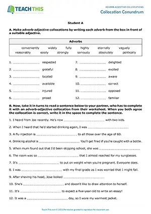ESL adverb-adjective collocations activity for upper-intermediate B2, matching, gap-fill, forming sentences, pair work