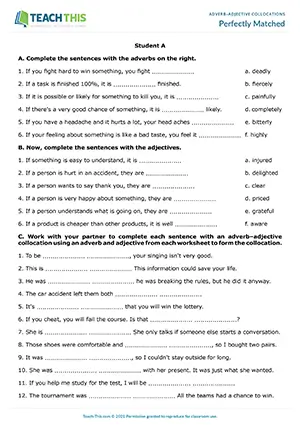 ESL adverb-adjective collocations activity for upper-intermediate B2, matching, gap-fill, pair work