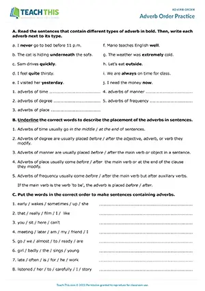 ESL adverb order worksheet for intermediate B1, matching, binary choice, unscrambling, gap-fill, rewriting sentences