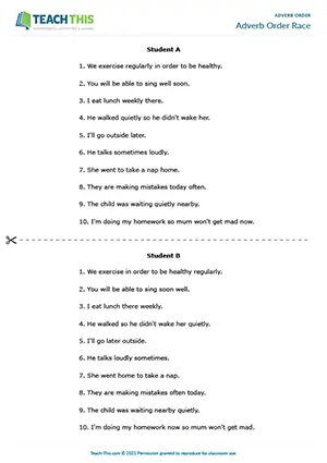 ESL adverb order running dictation activity for upper-intermediate B2, identifying, labelling, ordering adverbs