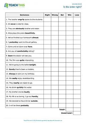 ESL adverb order error correction game for intermediate B1, betting, win lose points