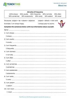ESL adverbs of frequency worksheet and game for pre-intermediate A2, sentence completion, word order, guessing game