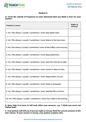 ESL adverbs of frequency guessing game for elementary A1-A2, multiple choice, guessing, forming sentences, pair work
