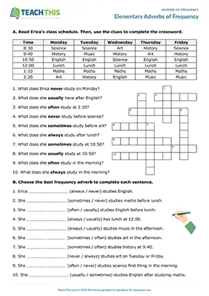 ESL adverbs of frequency worksheet for elementary A1-A2, reading, grammar, answering questions, pair speaking
