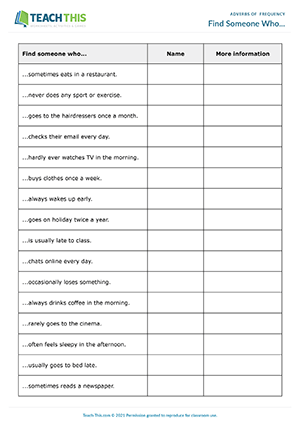 Frequency Adverbs ESL Games Activities Worksheets