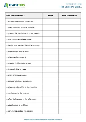 ESL adverbs of frequency speaking activity for pre-intermediate A2, asking how often questions, mingling