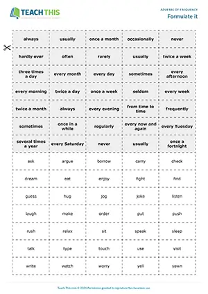 ESL adverbs of frequency group game for intermediate B1, how often questions, frequency cards