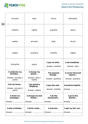 ESL adverbs of definite frequency game for intermediate B1, sentence completion, guessing, group work