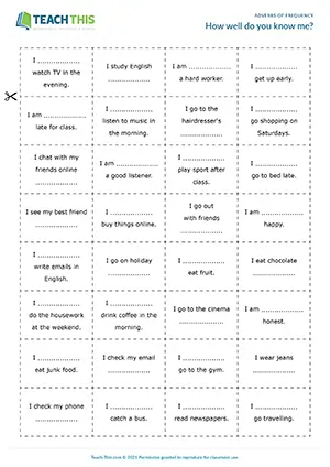ESL adverbs of frequency game for pre-intermediate A2, sentence completion, guessing, class activity