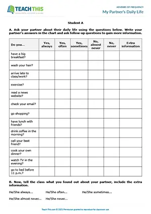 ESL adverbs of frequency pair activity for elementary A1-A2, daily routines, asking and answering questions