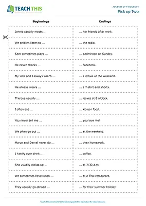 ESL Present Simple Game worksheet preview for Elementary (A1-A2): matching sentence halves and pelmanism game