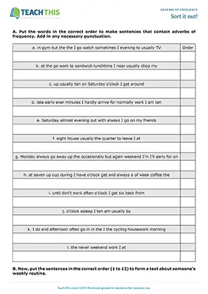 ESL adverbs of frequency game for pre-intermediate A2, unscrambling, ordering text, team race