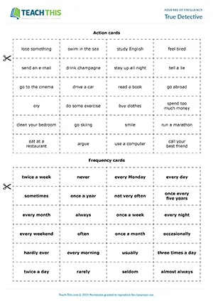 ESL adverbs of frequency game for pre-intermediate A2-B1, asking and answering how often questions, frequency cards