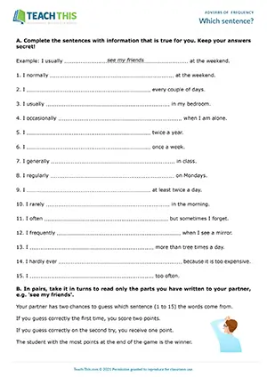 ESL adverbs of frequency guessing game for pre-intermediate A2, sentence completion, pair work