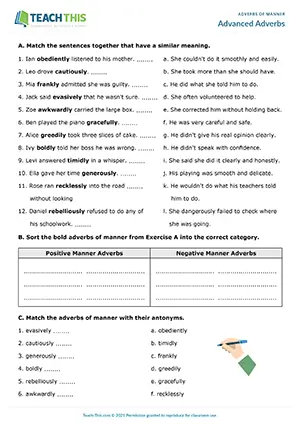 Upper-intermediate worksheet for advanced adverbs of manner, matching, collocations, sentence writing