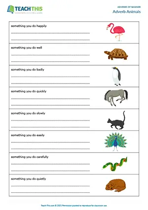 ESL Adverbs of Manner activity for Elementary (A1-A2), animal description, writing, and pair guessing