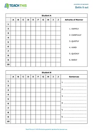 Elementary adverbs of manner game, battleship grid, sentence formation, A1-A2 speaking