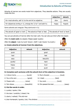 Elementary worksheet for adverbs of manner, table completion, gap-fill, rewriting, and error correction