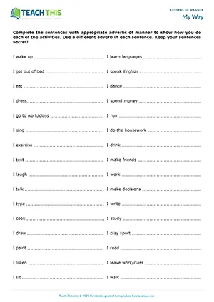 Pre-intermediate adverbs of manner game, sentence completion, pair guessing, A2 speaking practice