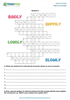 Pre-intermediate adverbs of manner activity, crossword, miming, sentence writing, A2 group and pair