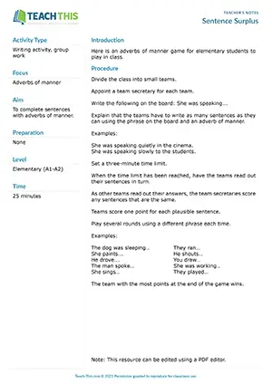 Pre-intermediate group game for adverbs of manner, sentence writing from prompts, A2