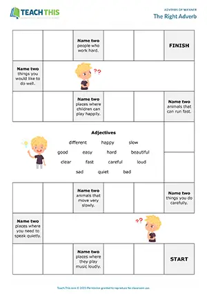 Elementary board game for adverbs of manner, matching, gap-fill, group work for A1-A2