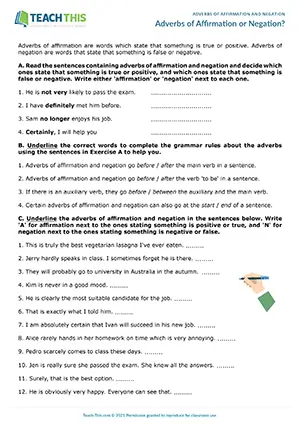 ESL adverbs of affirmation or negation worksheet for intermediate B1, identifying, ordering, gap-fill, pair speaking