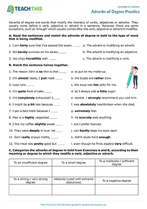 ESL adverbs of degree worksheet for intermediate B1, matching, categorising, gap-fill, true or false pair game