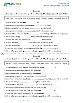 ESL adverbs of degree speaking activity for pre-intermediate A2, gap-fill, conversation, group and pair work