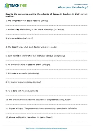 ESL adverbs of degree worksheet for intermediate B1, rewriting sentences, word order