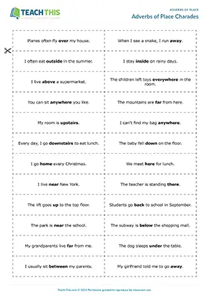 ESL Adverbs of Place charades game, miming, guessing, gap-fill for Elementary A1-A2 students