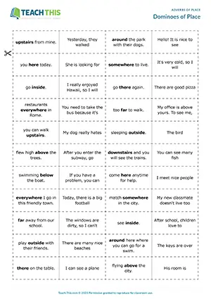 Elementary group domino game for adverbs of place, sentence matching A1-A2