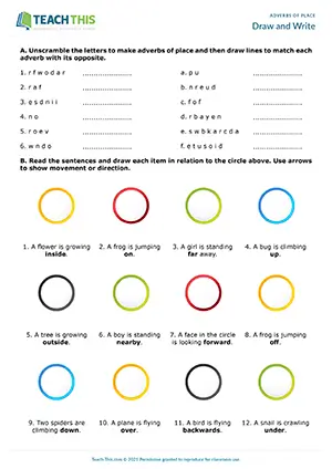 Pre-intermediate worksheet for adverbs of place, unscrambling, drawing, identifying A2