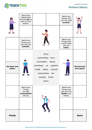 Elementary adverbs of place board game, matching, gap-fill, guessing for A1-A2 group work