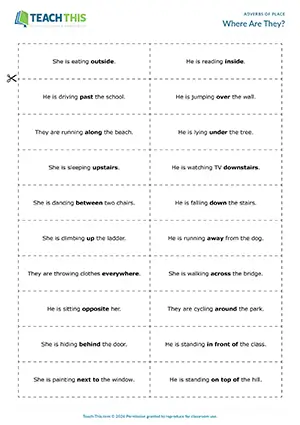 ESL Adverbs of Place drawing game, guessing, forming sentences for Elementary A1-A2 students