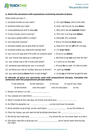 Intermediate worksheet for adverbs of place, matching, gap-fill, changing word forms, pair speaking B1