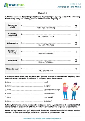 ESL Adverbs of Time Game preview for Elementary A1-A2 showing sentence writing, miming, and guessing activities